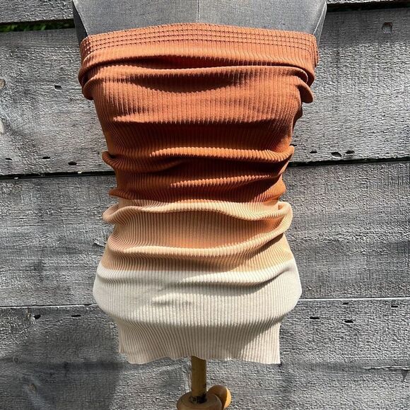Women's Brown, Cream, & White Stretch Color Block Knit Strapless Top - Picture 6 of 7